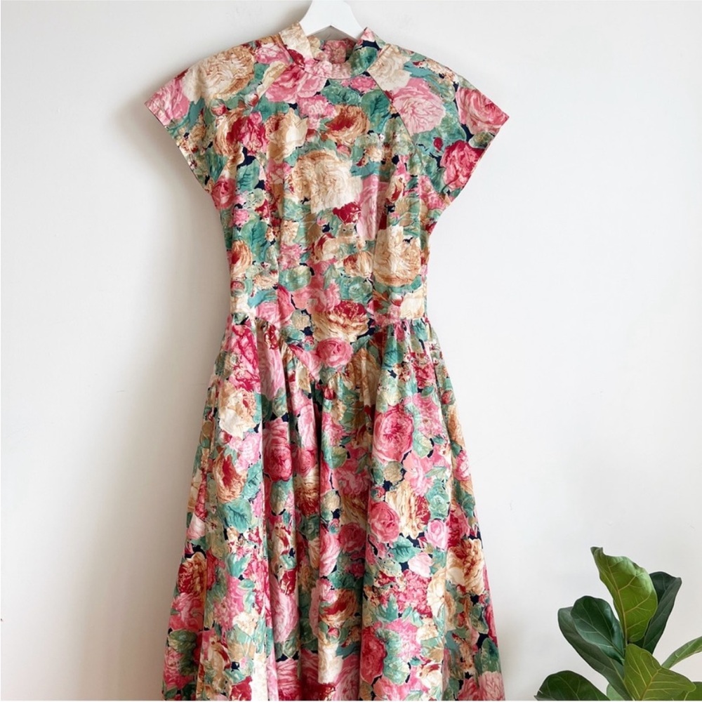 Vintage 80s Poems By Esteem Floral Print Cotton Midi Dress 6 Open Back Pockets